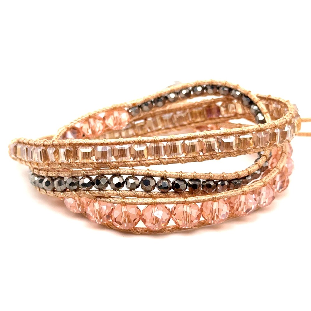 Victoria Emerson Peach Champagne Crystal Gunmetal Bead Boho Wrap Bracelet